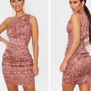 PrettyLittleThing Leopard Print Satin One Shoulder Ruched Bodycon Dress!